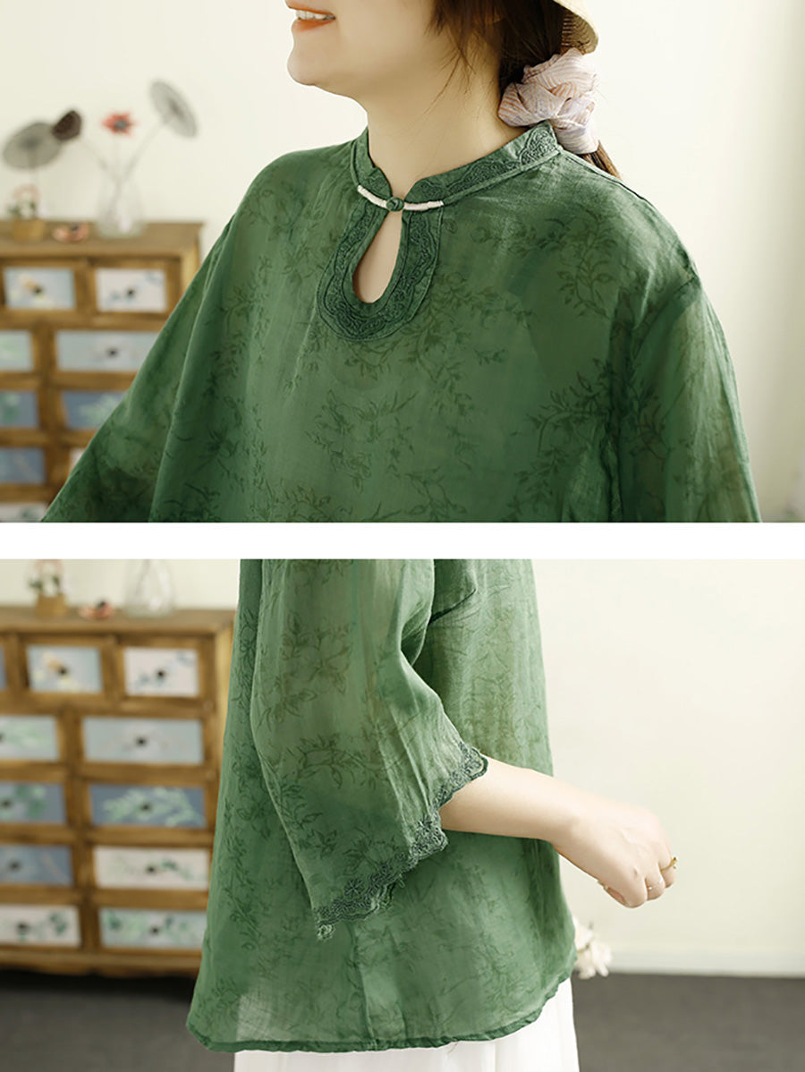 Women Summer Ethnic Floral Embroidery Thin Ramie Shirt HH041 LSFZ