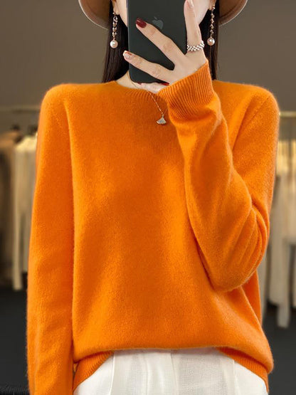 Women Autumn Solid Knit 100%Wool O-Neck Sweater WU023 BK