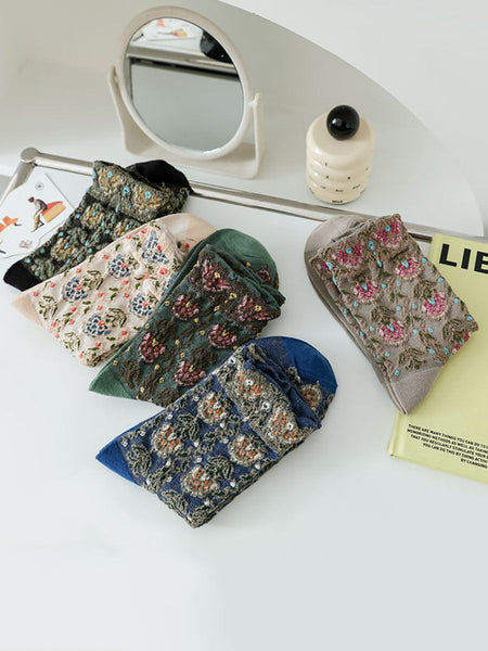 5 Pairs Women Artsy Flower Jacquard Socks AX1028 Genistyle Shop