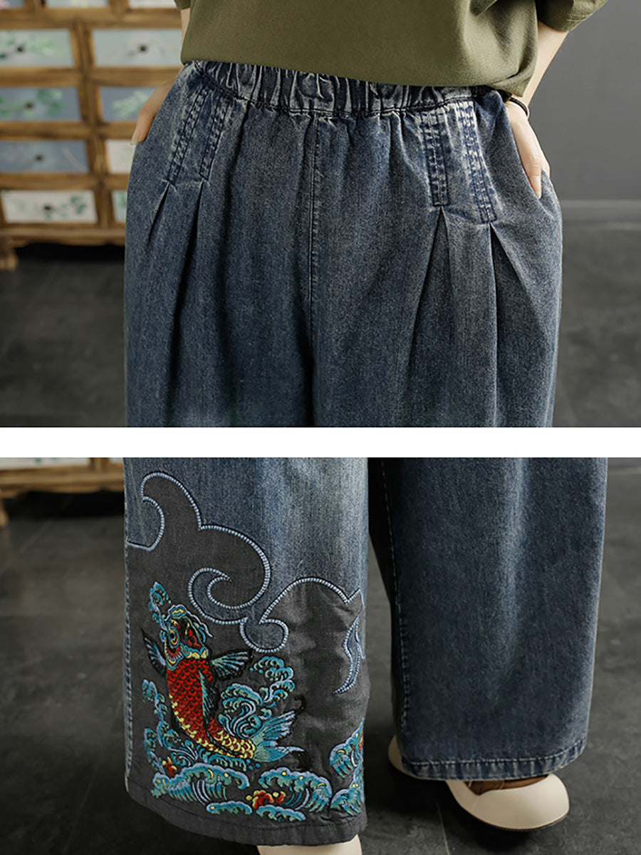 Women Summer Vintage Koi Embroidery Wide-leg Denim Pants CO1049 Ada Fashion