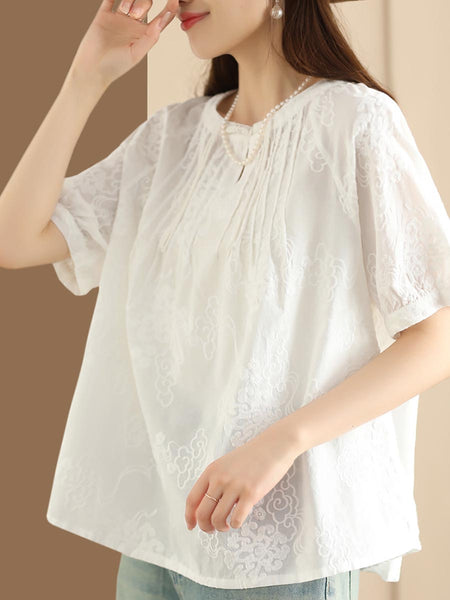 Women Artsy Solid Jacquard Shirred Cotton Loose Shirt XX1018 Ada Fashion