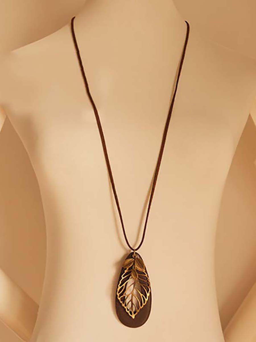 Artsy Hollow Out Metal Leaf Oval Wool Necklace AT1058 PGY