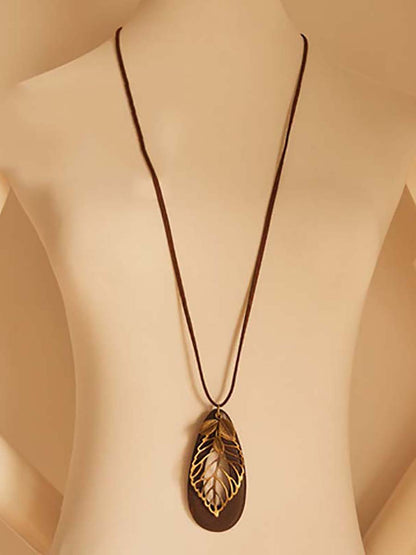 Artsy Hollow Out Metal Leaf Oval Wool Necklace AT1058 PGY