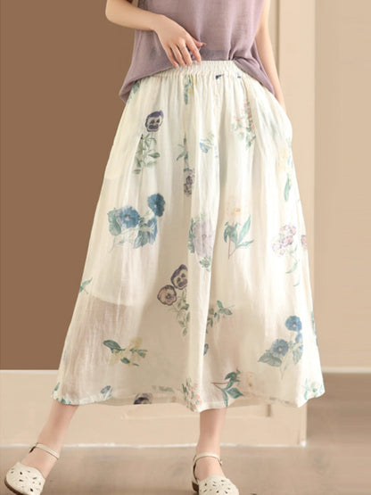 Women Artsy Summer Flower Ramie A-shape Skirt CO1025 Ada Fashion