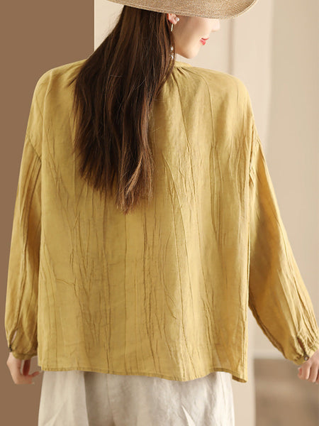 Women Spring Solid Vintage Ramie V-neck Blouse CO1013 Ada Fashion