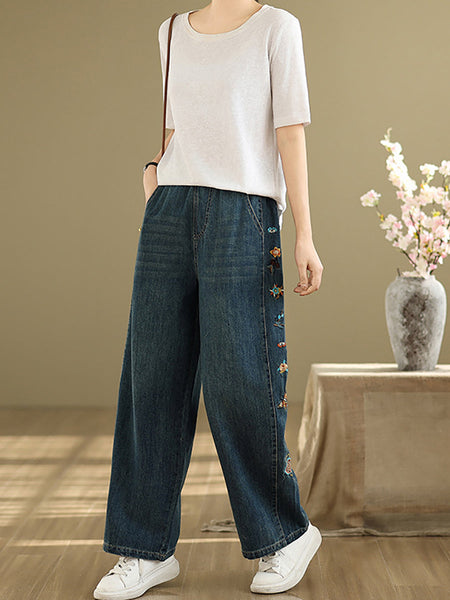 Pants Embroidery Women Wide-leg Retro Denim FashionChic
