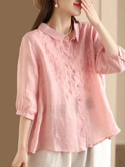 Women Vintage Embroidery Summer Ramie Loose Shirt SC1003 Ada Fashion