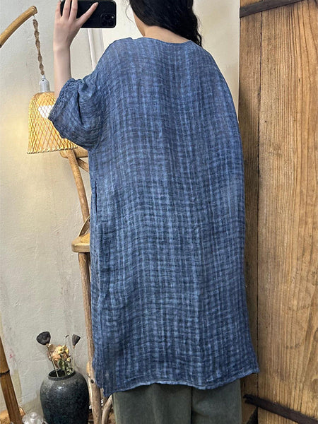 Women Retro Plaid Button-up O-Neck Linen Long Shirt CC028 GLL