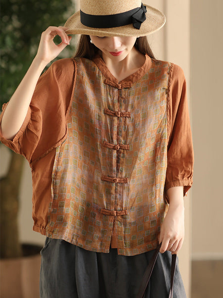Women Summer Vintage Flower Spliced Button-up Ramie Shirt FD042 ZMMM