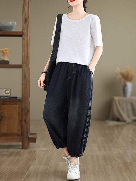 Women Summer Casual Solid Denim Harem Pants II1004 BUYKUD
