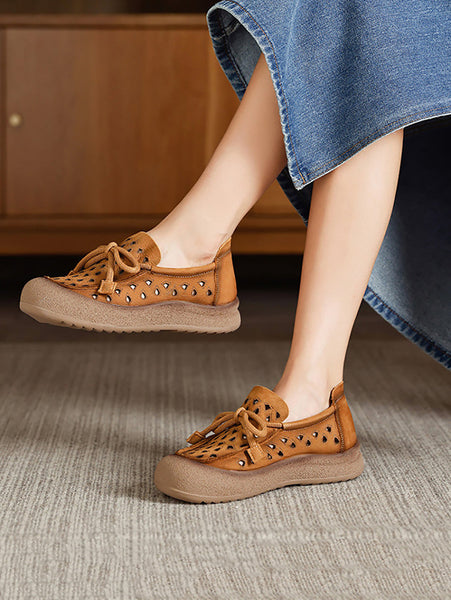 Genuine Shoes Hollow Out Summer Leather Flat Women FashionChic