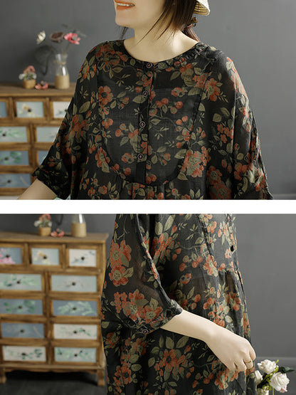 Women Summer Floral Vintage Ramie Long Shirt KL1052 Ada Fashion