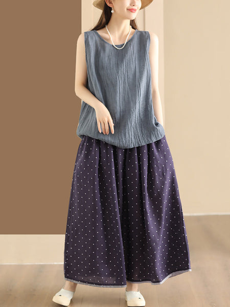 Women Summer Artsy Dot Loose Ramie Skirt PP1047 BUYKUD