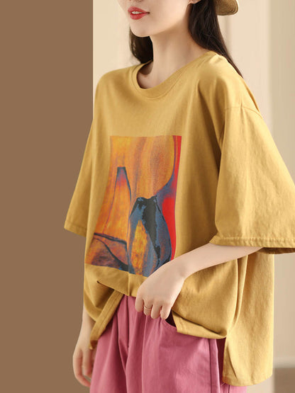 Women Summer Casual Print O-Neck Loose Shirt HH042 LPP