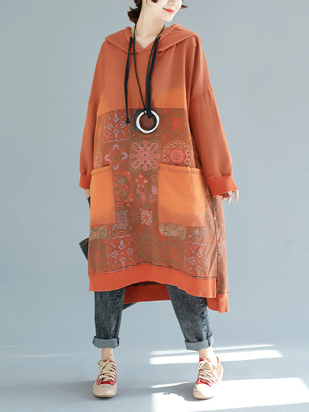 Women Vintage Flower Spliced Loose Hooded Dress AT1091 YTLSFZ