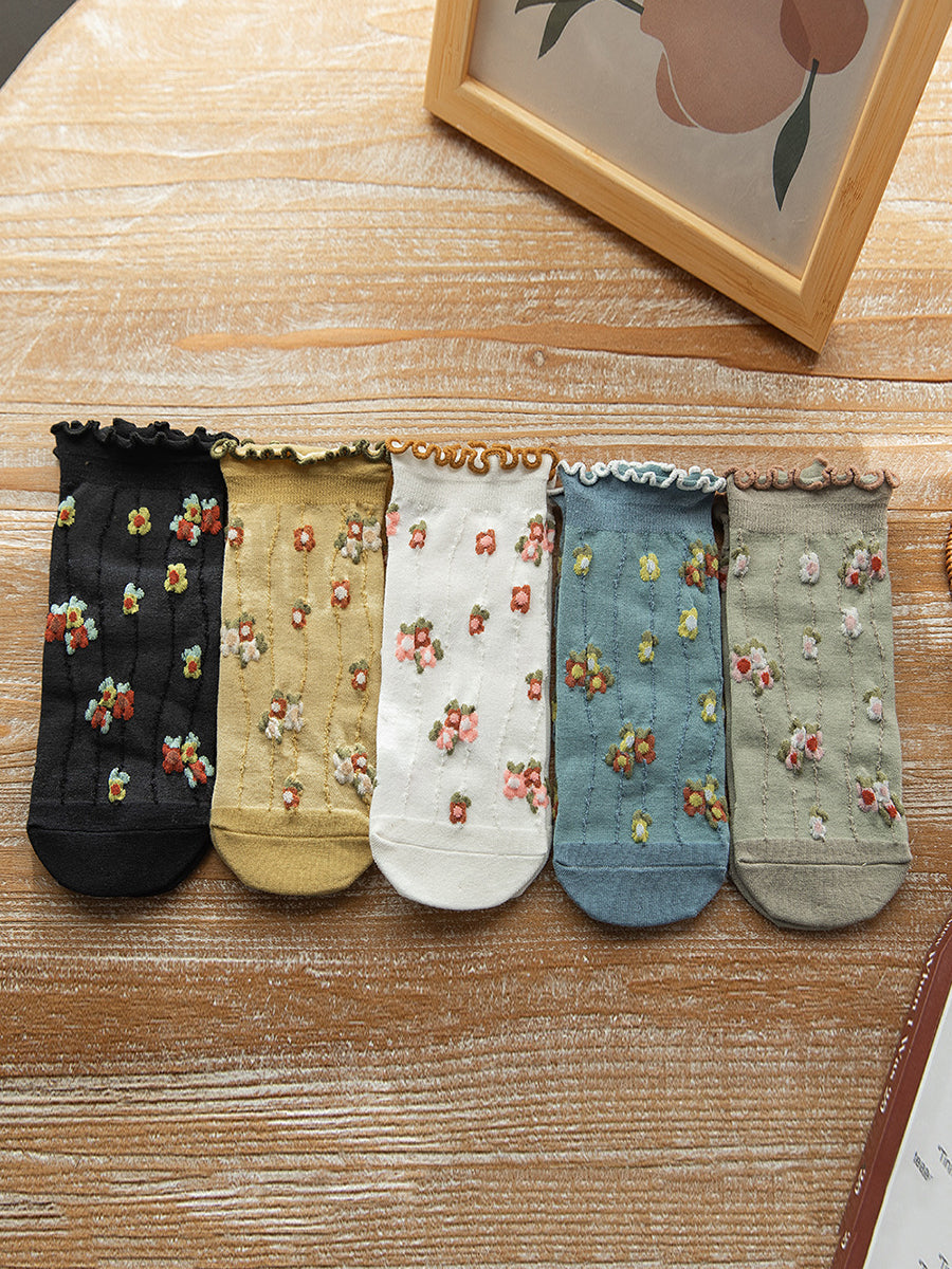 5 Pairs Women Summer Artsy Flower Jacquard Socks OO1032 BUYKUD