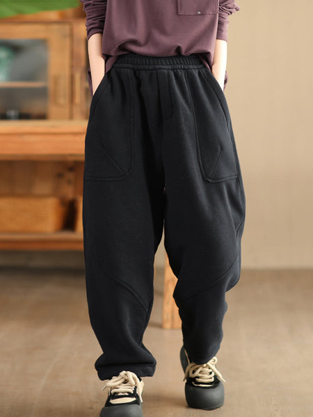 Women Autumn Vintage Cotton Fleece-lined Harem Pants WG014 BK