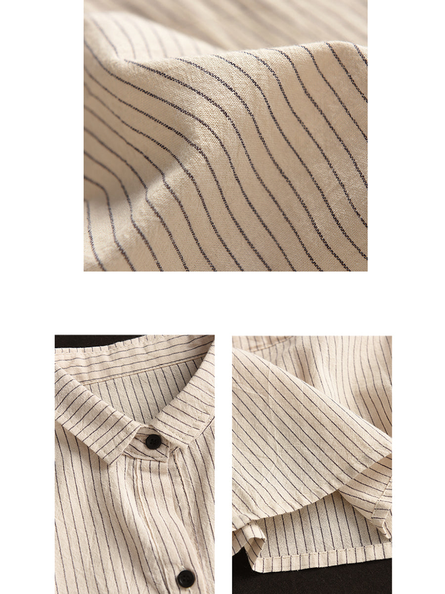 Women Artsy Summer Stripe Linen Button-up Shirt SC1046 Ada Fashion