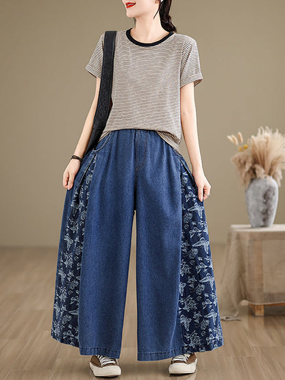 Women Vintage Summer Butterfly Spliced Wide-leg Denim Pants CO1030 Ada Fashion