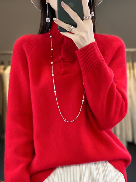 Women Autumn Vintage Half-Turtleneck 100%Wool Buckle Sweater BA1040 Genistyle Shop