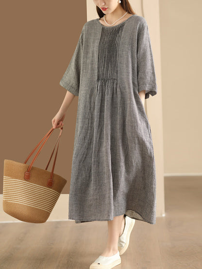 Women Summer Vintage Lattice Shirred O-Neck Ramie Dress OP1051 BUYKUD