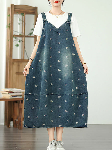 Dress Overall Denim Bowknot Women Summer Embroidery FashionChic