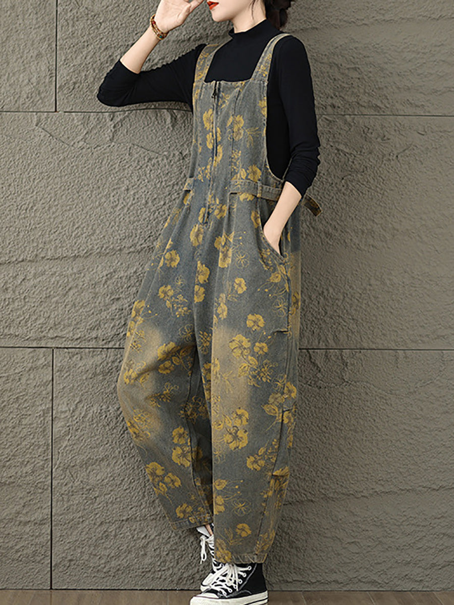 Women Autumn Retro Flower Zipper Denim Jumpsuits AX1002 Genistyle Shop