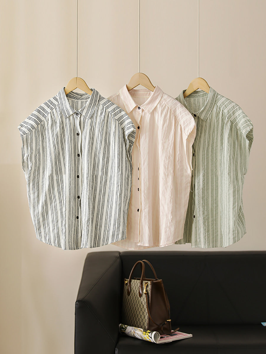 Women Summer Casual Stripe Button-up Cotton Shirt LL043 BUYKUD