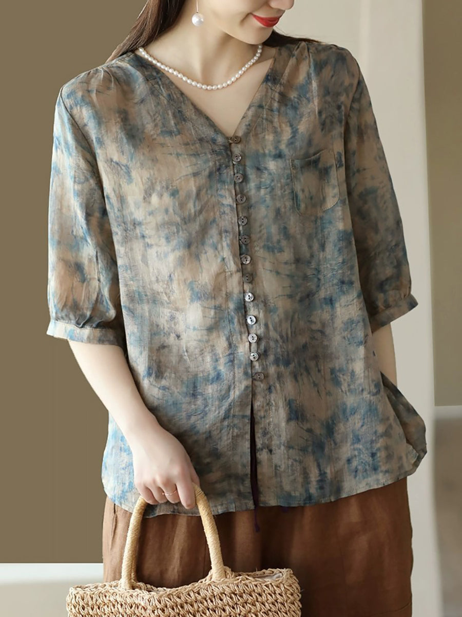 Women Vintage Floral Summer Button-Up Ramie Shirt XX1042 Ada Fashion