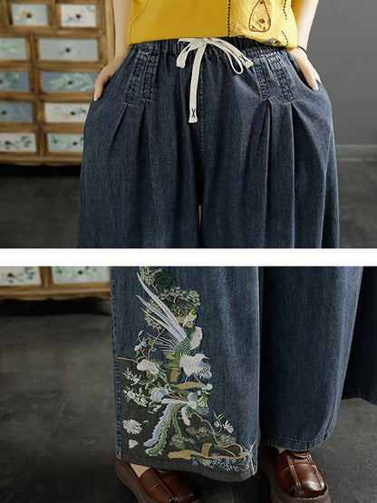 Women Vintage Ethnic Embroidery Wide-leg Denim Pants CO1052 Ada Fashion