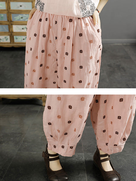 Women Spring Artsy Flower Embroidery Ramie Harem Pants KL1009 Ada Fashion