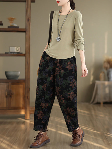 Women Autumn Vintage Flower Cotton Harem Pants AI1038 BUYKUD