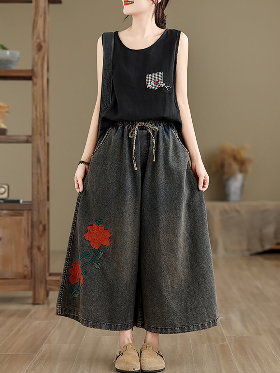 Women Summer Vintage Flower Denim Wide-leg Pants OP1010 BUYKUD