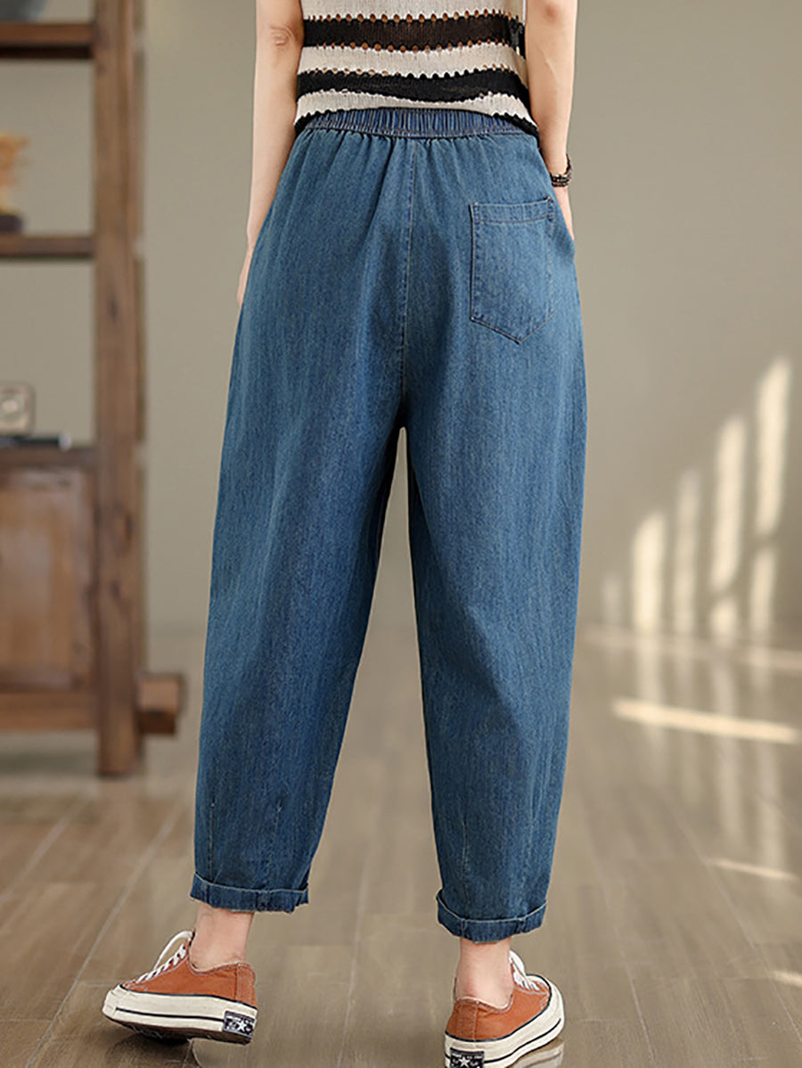 Women Summer Vintage Solid Denim Loose Harem Pants OP1007 BUYKUD