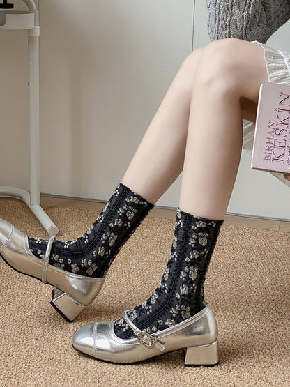 5 Pairs Women Floral Jacquard Cotton Socks AK1035 Genistyle Shop