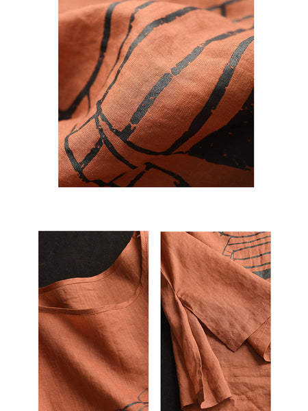 Women Summer Cartoon Cat Print Ramie Pullover Shirt OO1034 BUYKUD