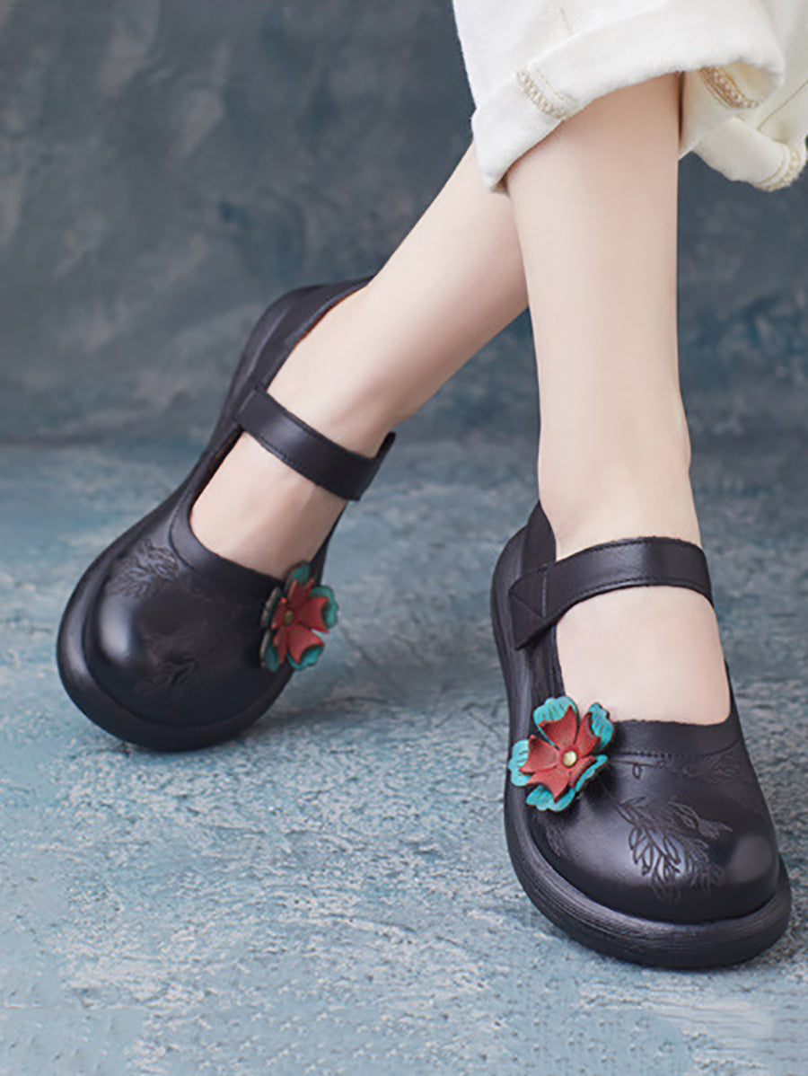 Women Summer Vintage Leather Flower Mid-Heel Shoes ZZ1036 Ada Fashion