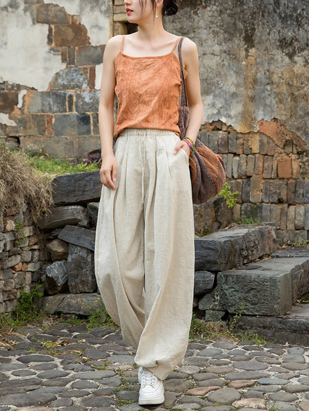 Women Pure Ramie Straight Worn Color Summer Pants FashionChic