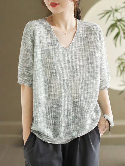 Women Summer Casual Knitted Linen V-Neck Shirt WE1029 Ada Fashion