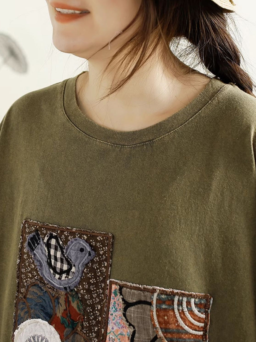 Women Summer Vintage Patch Spliced O-Neck Cotton Shirt HH039 ZMMM