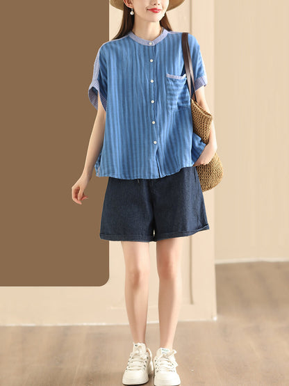 Women Summer Artsy Stripe Spliced Linen Shirt WE1039 Ada Fashion