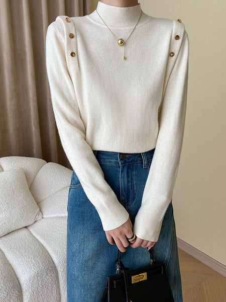 Elegant Grey High-Neck Buttoned Decor Long Sleeve Knit Sweater AN1050 Genistyle Shop