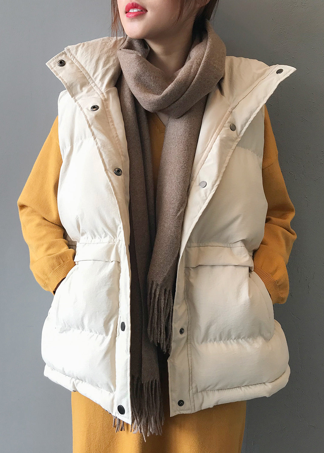 Casual Loose Beige Button Pockets Fine Cotton Filled Vest Sleeveless WD020 HS-VTP241103