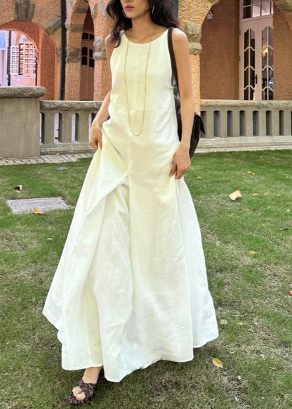 Simple Style White O Neck Cotton Long Dress Sleeveless EE051 shopify