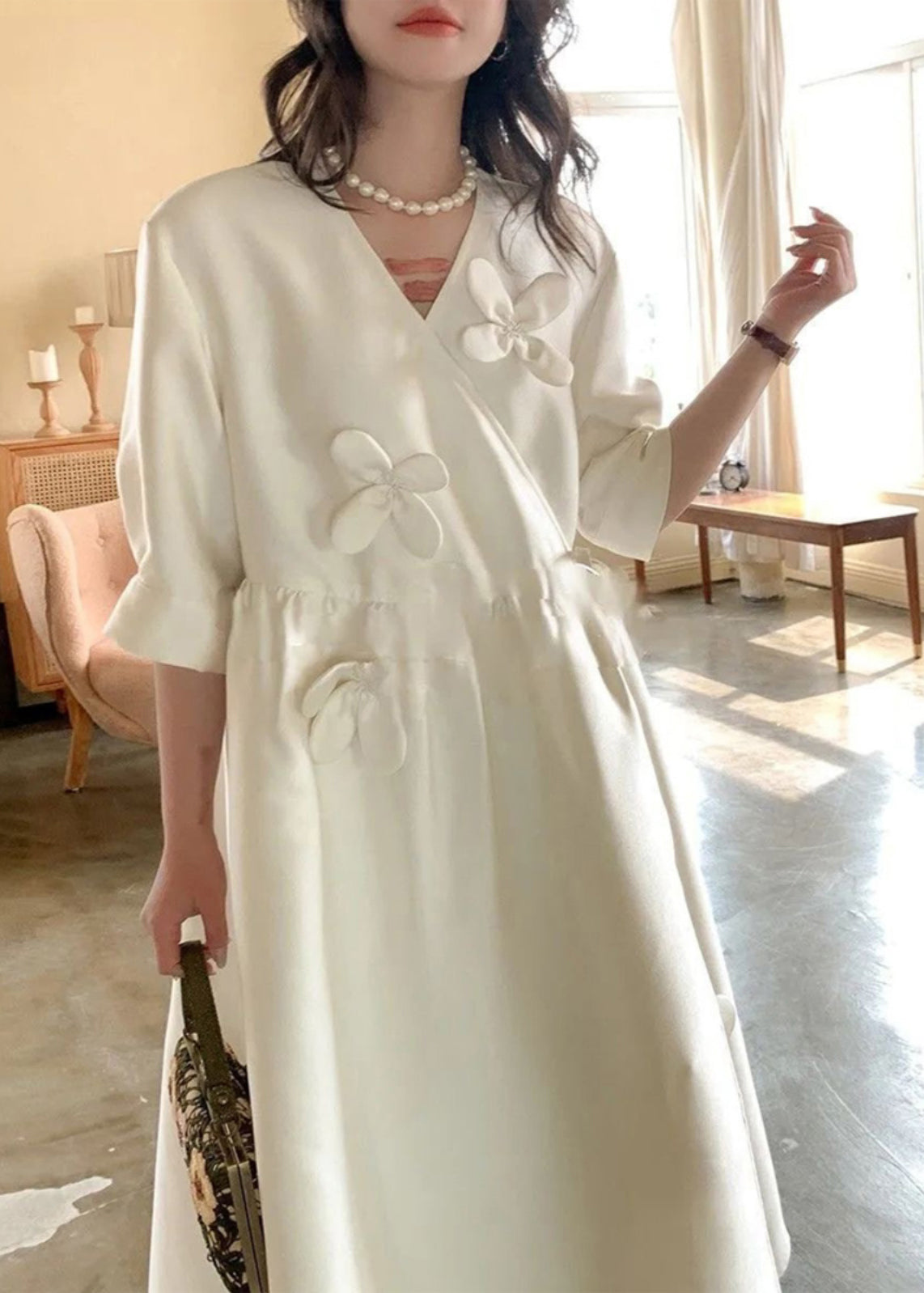 Neck Chic Summer Dress Long V Lace Floral Cotton White Up FashionChic