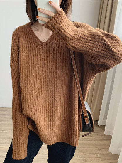 Vintage Caramel V-Neck Long Sleeves Striped Knit Sweater QX001 shopify