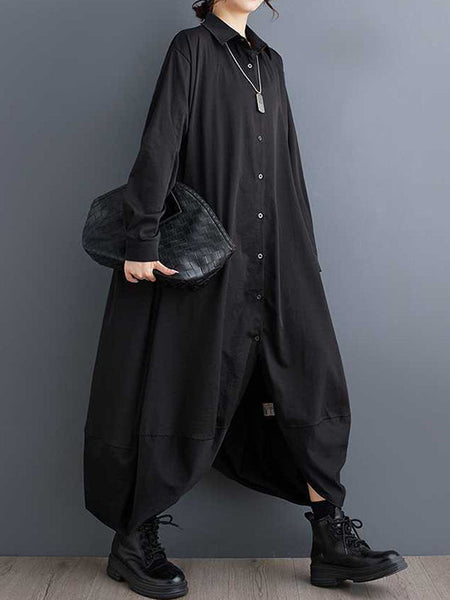 Stylish Black Lapel Buttoned Pockets A-Line Petal Hem Long Sleeve Shirt Dress TW015 ABC