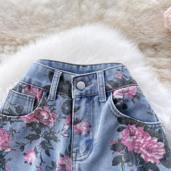 Women Blue Rose Print Wide Leg Denim Pants AR1016 shopify