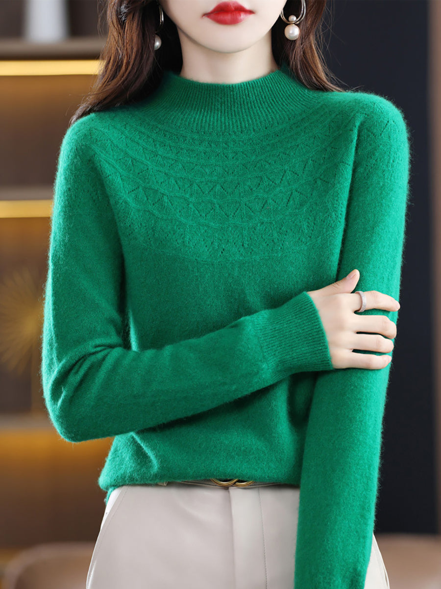Women Autumn Solid Cable Knit 100%Wool Half Turtleneck Sweater QN017 BK