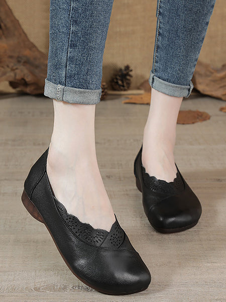 Women Artsy Solid Soft Leather Spliced Low Heel Shoes RR1048 BC
